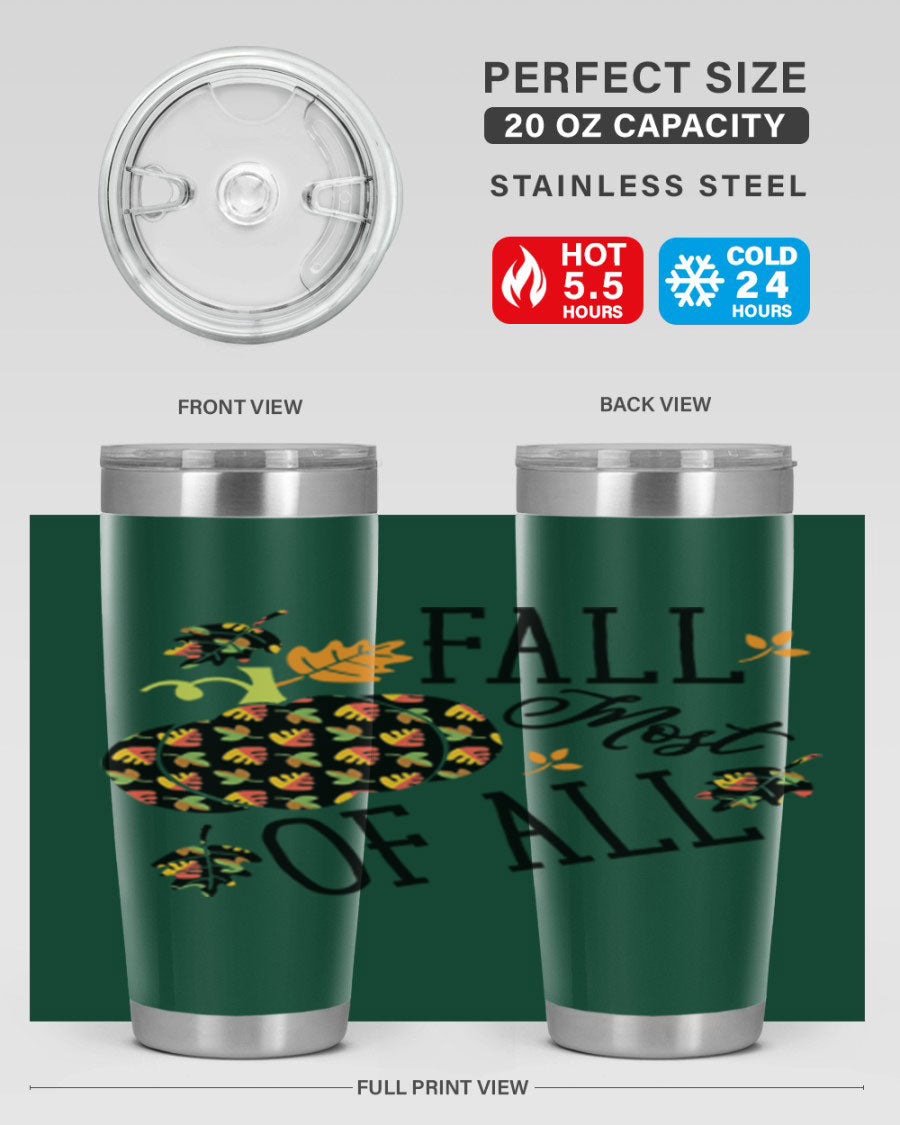 Fallmostofall 20oz tumbler made of stainless steel with a copper lining, featuring a press-in drink-thru lid, ideal for hot and cold beverages.