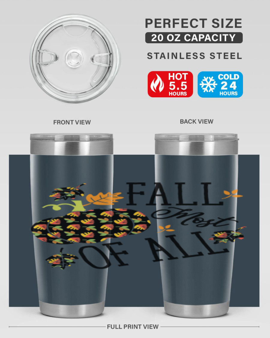 Fallmostofall 20oz tumbler made of stainless steel with a copper lining, featuring a press-in drink-thru lid, ideal for hot and cold beverages.