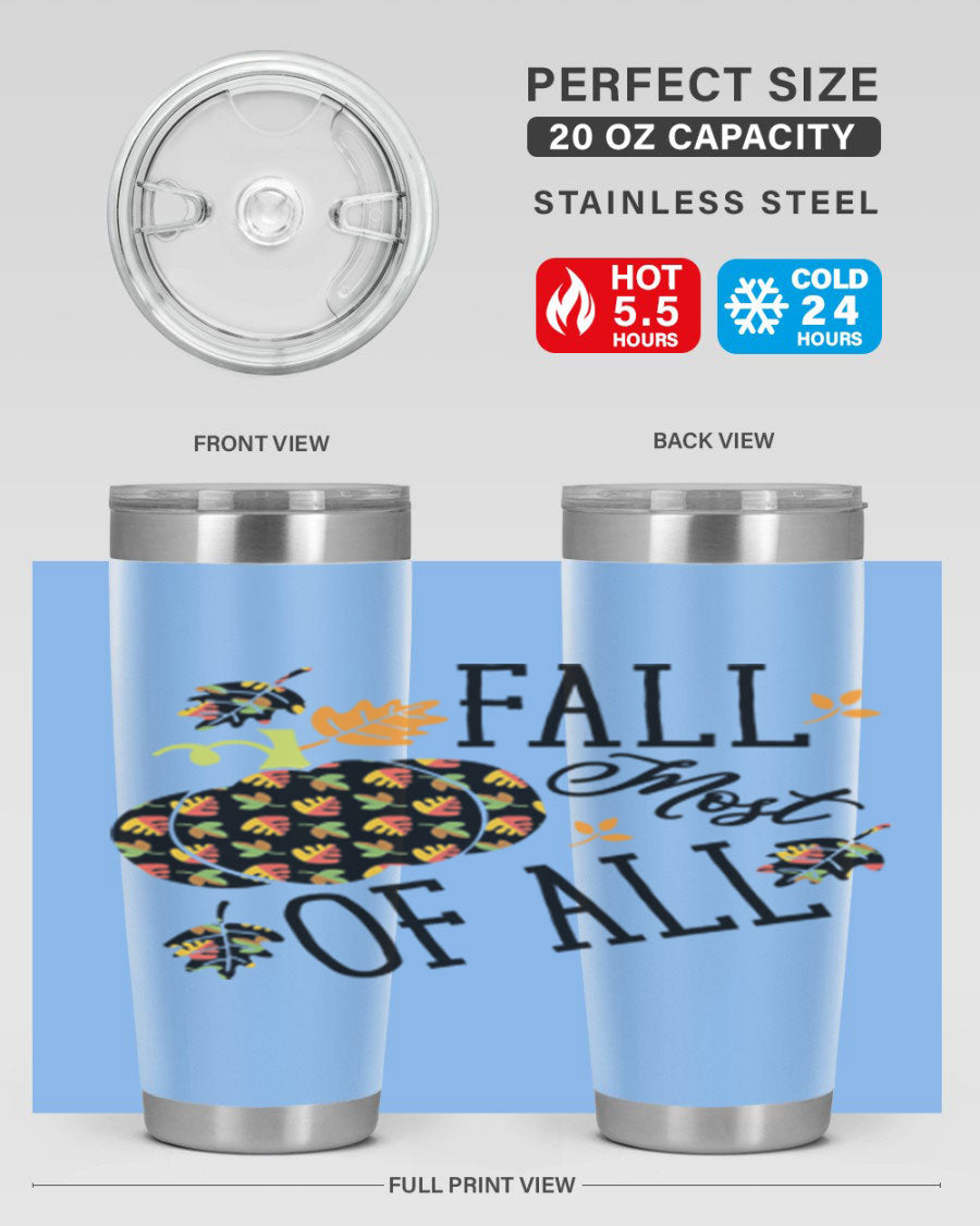 Fallmostofall 20oz tumbler made of stainless steel with a copper lining, featuring a press-in drink-thru lid, ideal for hot and cold beverages.