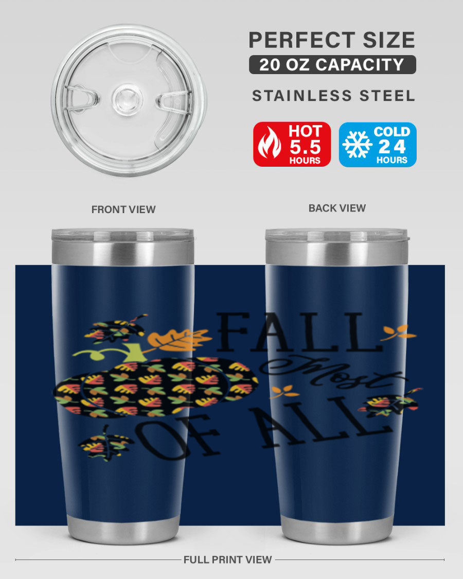 Fallmostofall 20oz tumbler made of stainless steel with a copper lining, featuring a press-in drink-thru lid, ideal for hot and cold beverages.