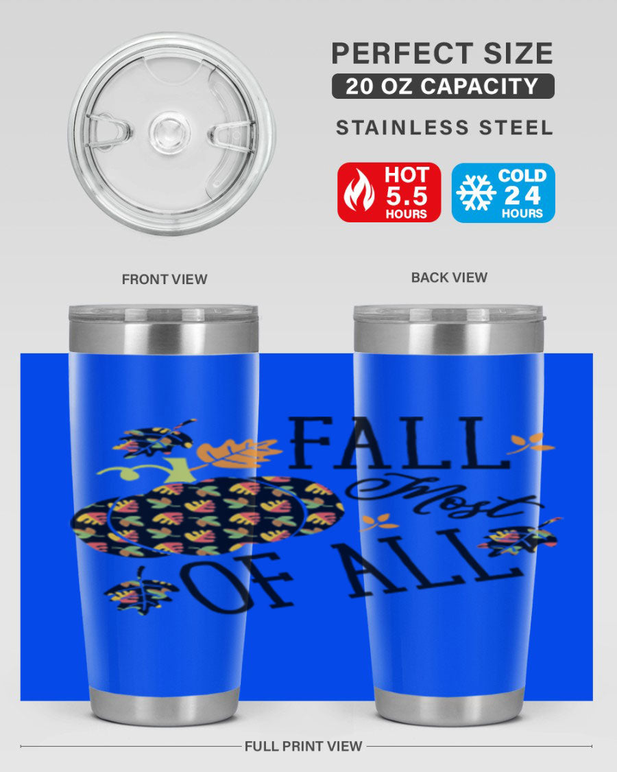 Fallmostofall 20oz tumbler made of stainless steel with a copper lining, featuring a press-in drink-thru lid, ideal for hot and cold beverages.