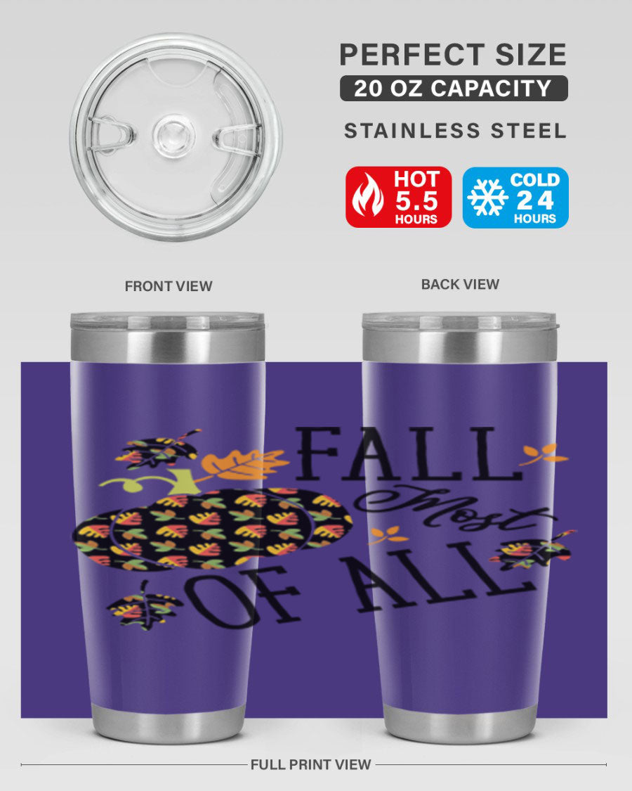 Fallmostofall 20oz tumbler made of stainless steel with a copper lining, featuring a press-in drink-thru lid, ideal for hot and cold beverages.