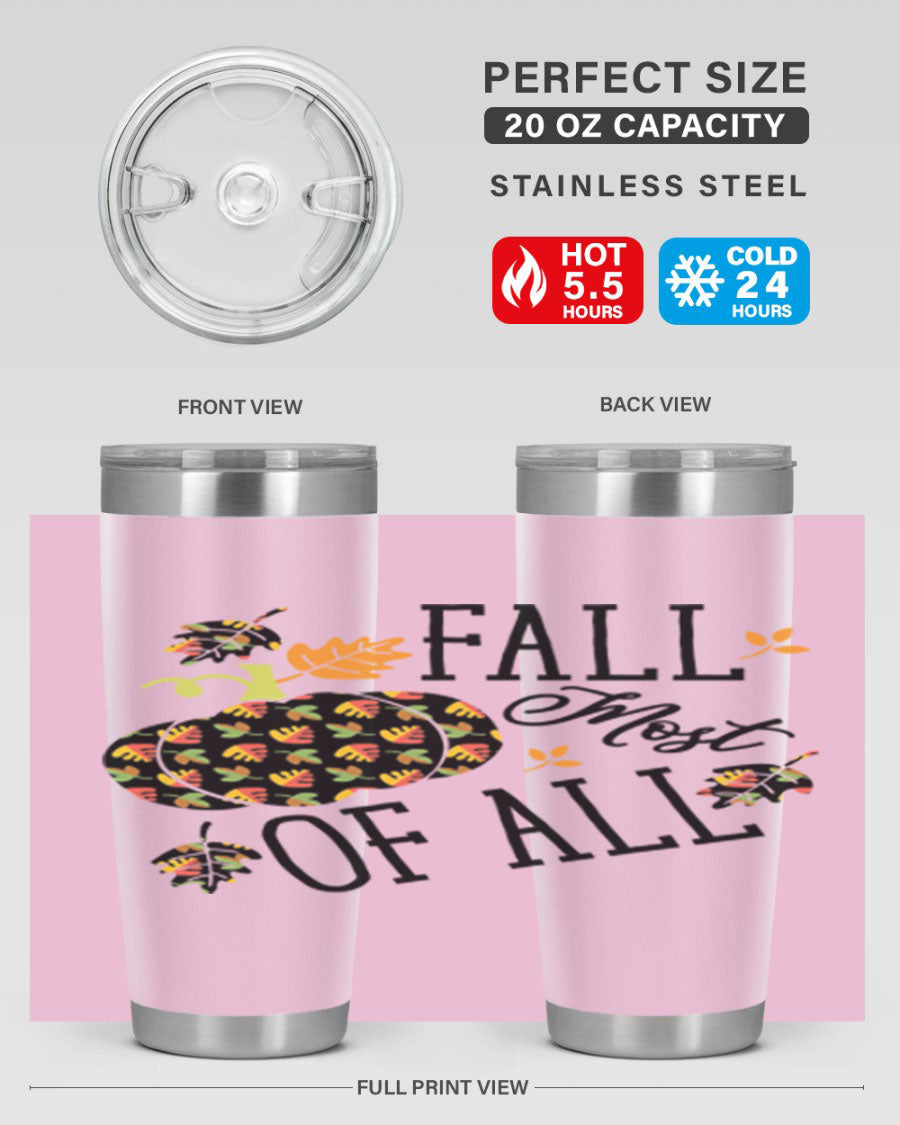 Fallmostofall 20oz tumbler made of stainless steel with a copper lining, featuring a press-in drink-thru lid, ideal for hot and cold beverages.
