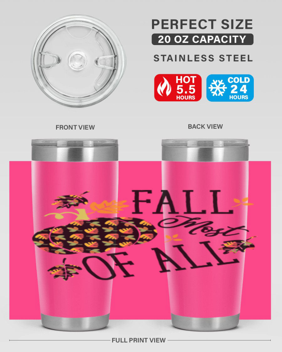 Fallmostofall 20oz tumbler made of stainless steel with a copper lining, featuring a press-in drink-thru lid, ideal for hot and cold beverages.