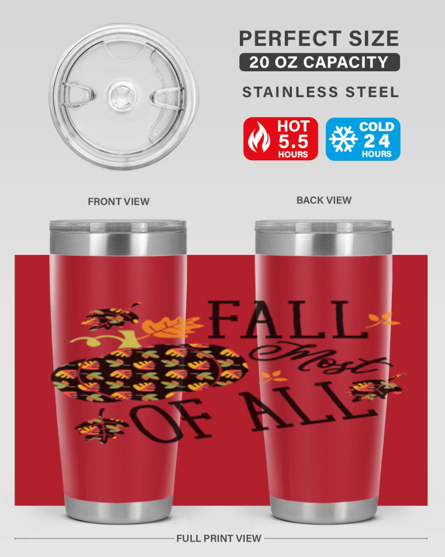 Fallmostofall 20oz tumbler made of stainless steel with a copper lining, featuring a press-in drink-thru lid, ideal for hot and cold beverages.