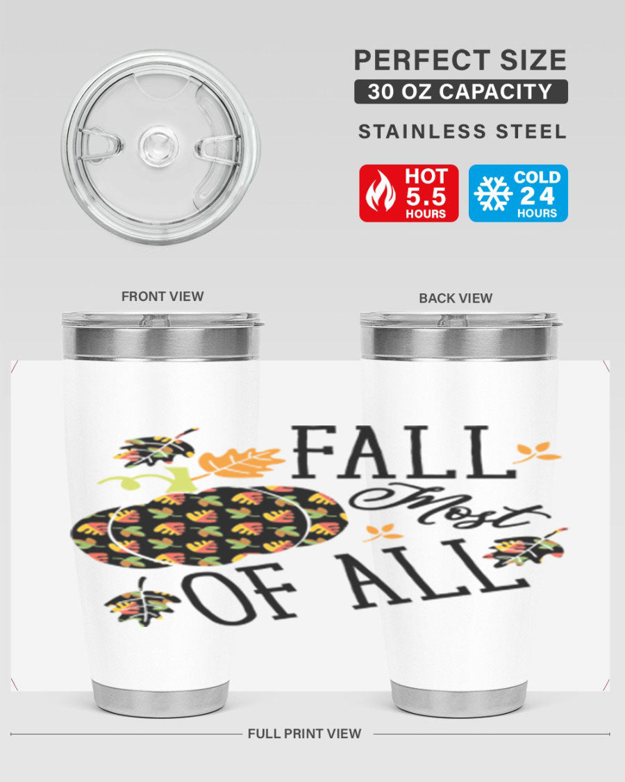 Fallmostofall 20oz tumbler made of stainless steel with a copper lining, featuring a press-in drink-thru lid, ideal for hot and cold beverages.