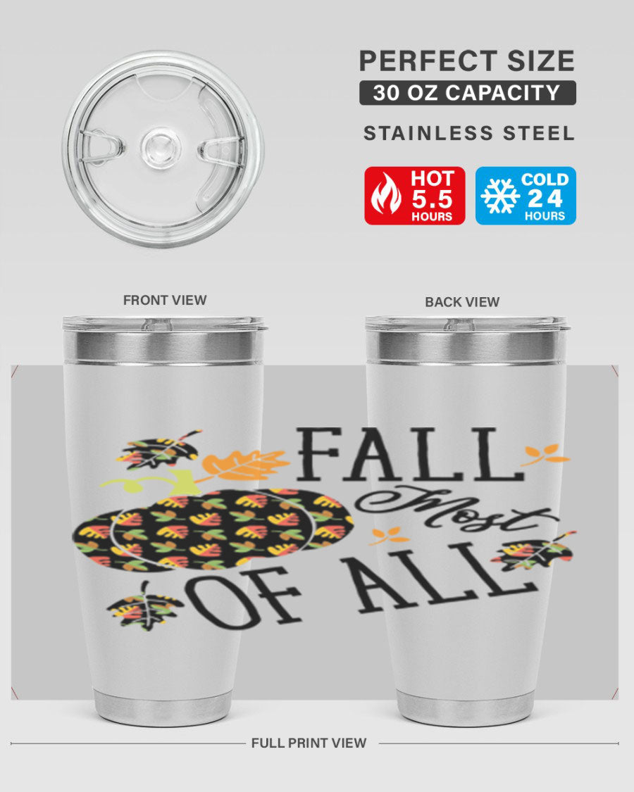 Fallmostofall 20oz tumbler made of stainless steel with a copper lining, featuring a press-in drink-thru lid, ideal for hot and cold beverages.