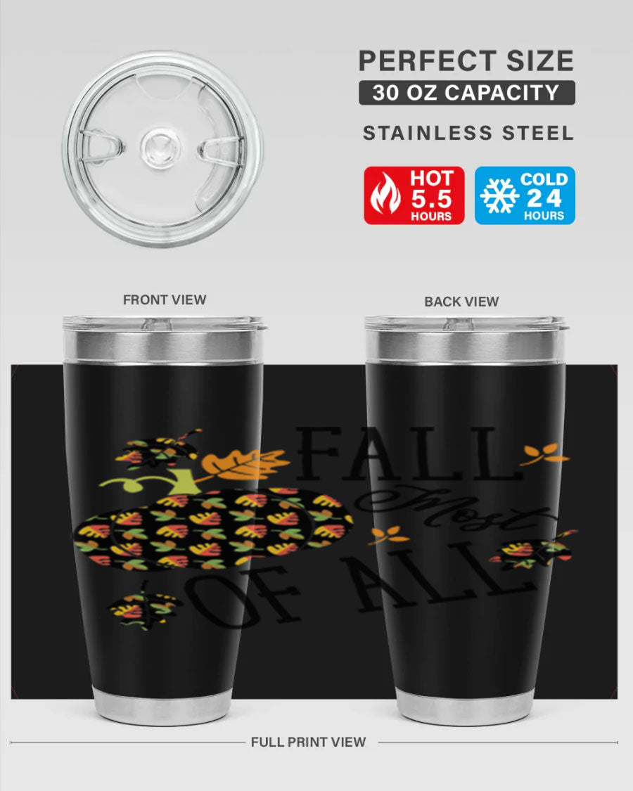 Fallmostofall 20oz tumbler made of stainless steel with a copper lining, featuring a press-in drink-thru lid, ideal for hot and cold beverages.
