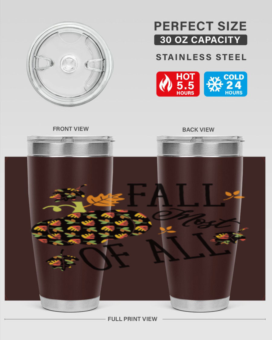 Fallmostofall 20oz tumbler made of stainless steel with a copper lining, featuring a press-in drink-thru lid, ideal for hot and cold beverages.