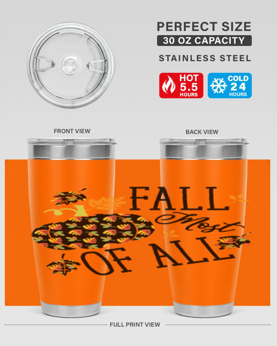Fallmostofall 20oz tumbler made of stainless steel with a copper lining, featuring a press-in drink-thru lid, ideal for hot and cold beverages.