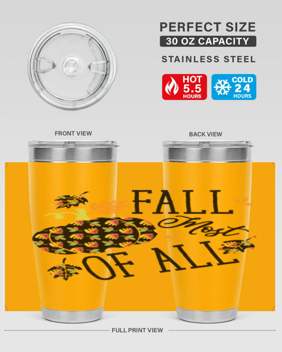 Fallmostofall 20oz tumbler made of stainless steel with a copper lining, featuring a press-in drink-thru lid, ideal for hot and cold beverages.