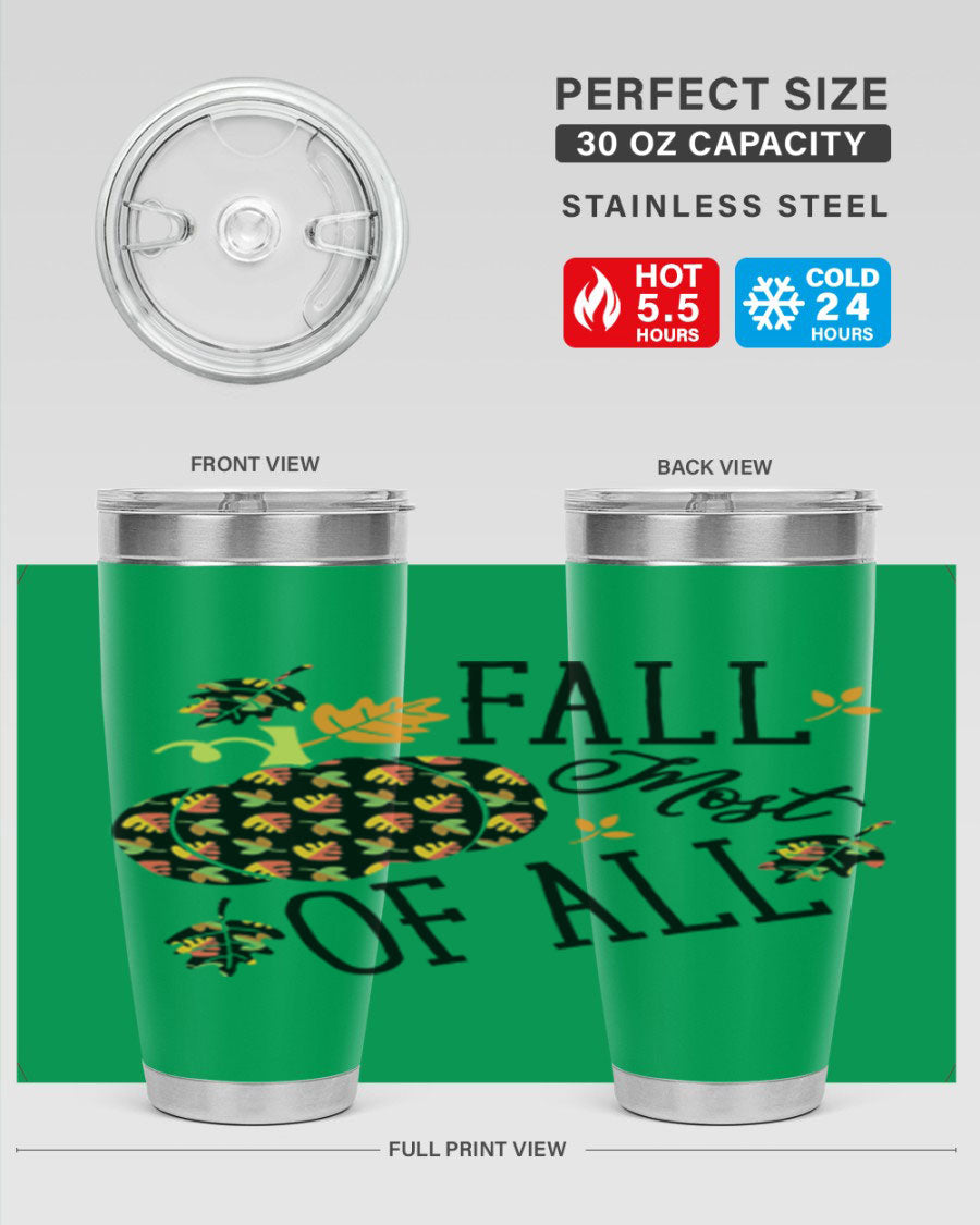 Fallmostofall 20oz tumbler made of stainless steel with a copper lining, featuring a press-in drink-thru lid, ideal for hot and cold beverages.