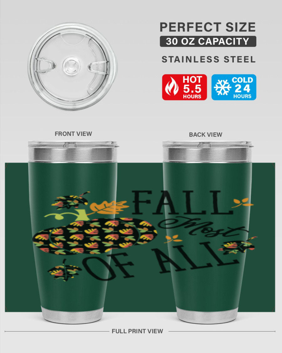 Fallmostofall 20oz tumbler made of stainless steel with a copper lining, featuring a press-in drink-thru lid, ideal for hot and cold beverages.