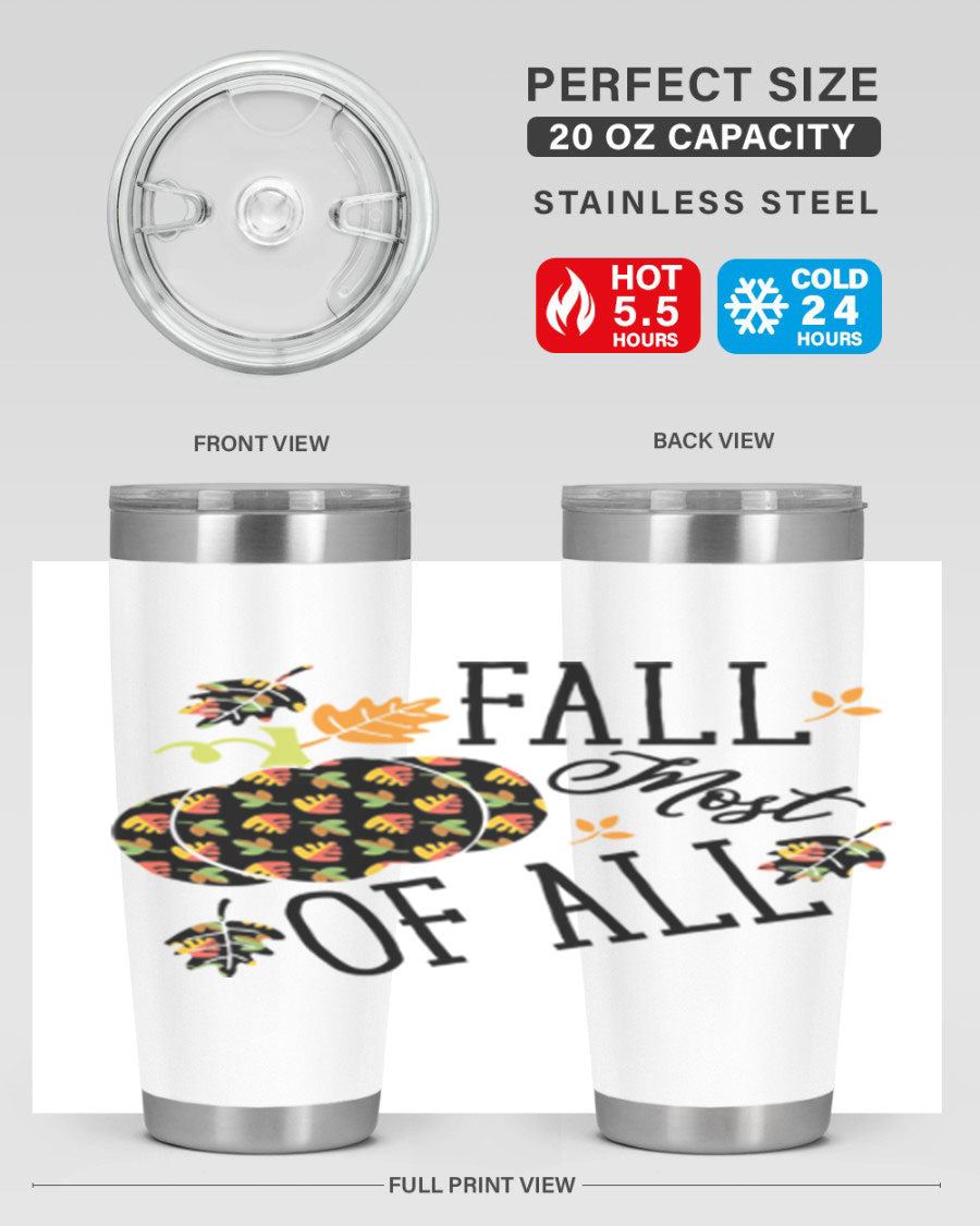 Fallmostofall 20oz tumbler made of stainless steel with a copper lining, featuring a press-in drink-thru lid, ideal for hot and cold beverages.