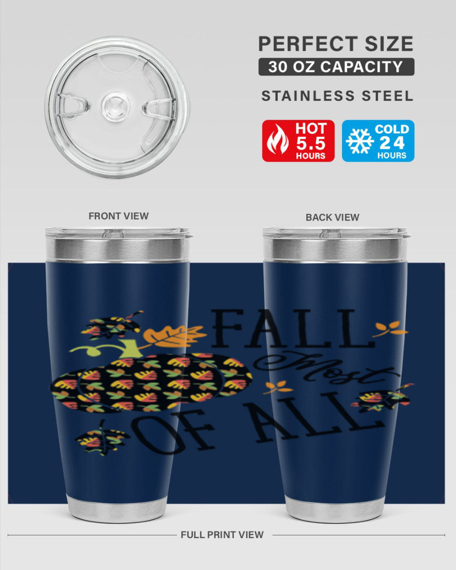 Fallmostofall 20oz tumbler made of stainless steel with a copper lining, featuring a press-in drink-thru lid, ideal for hot and cold beverages.
