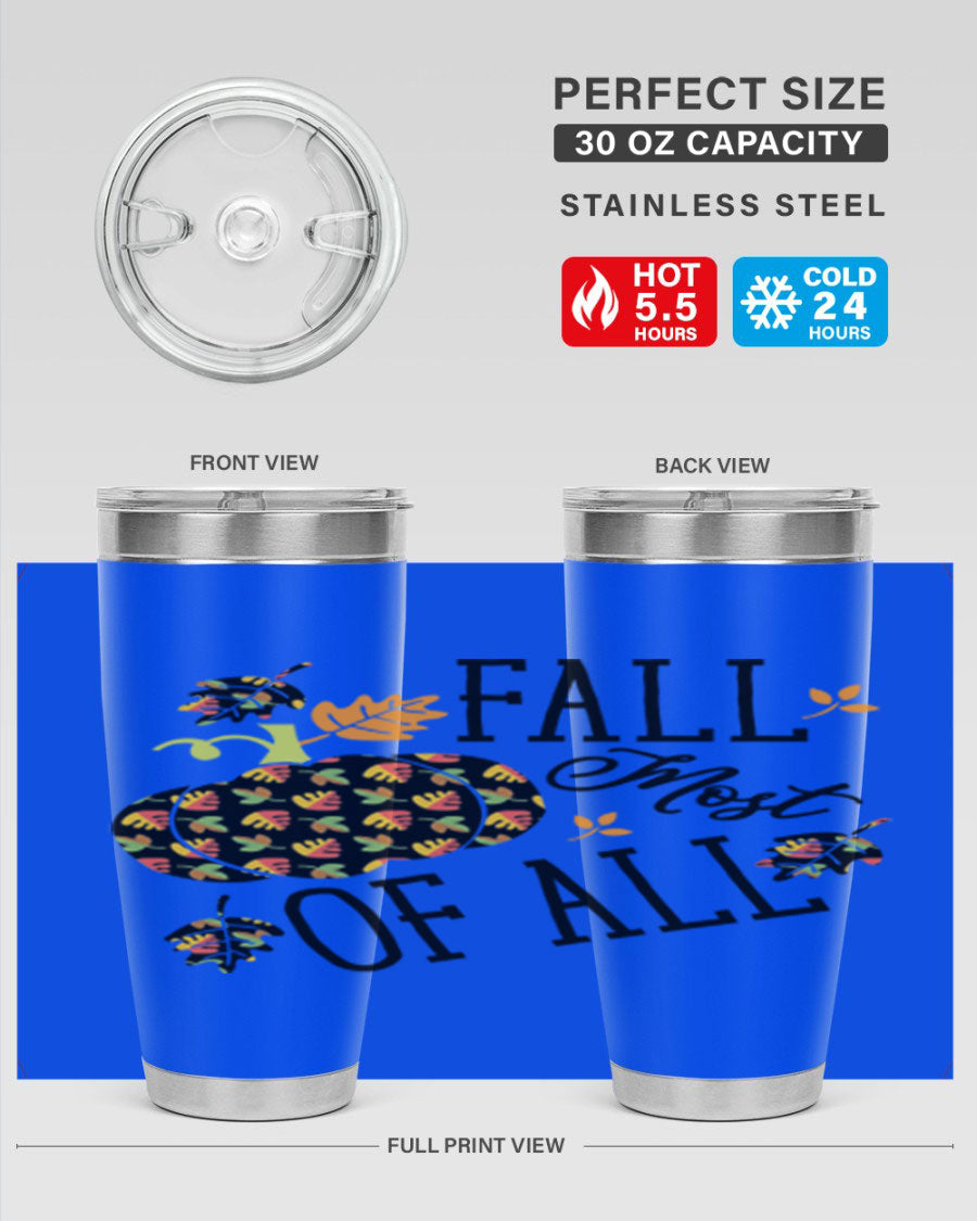 Fallmostofall 20oz tumbler made of stainless steel with a copper lining, featuring a press-in drink-thru lid, ideal for hot and cold beverages.
