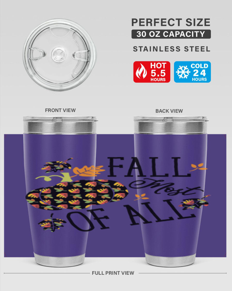 Fallmostofall 20oz tumbler made of stainless steel with a copper lining, featuring a press-in drink-thru lid, ideal for hot and cold beverages.