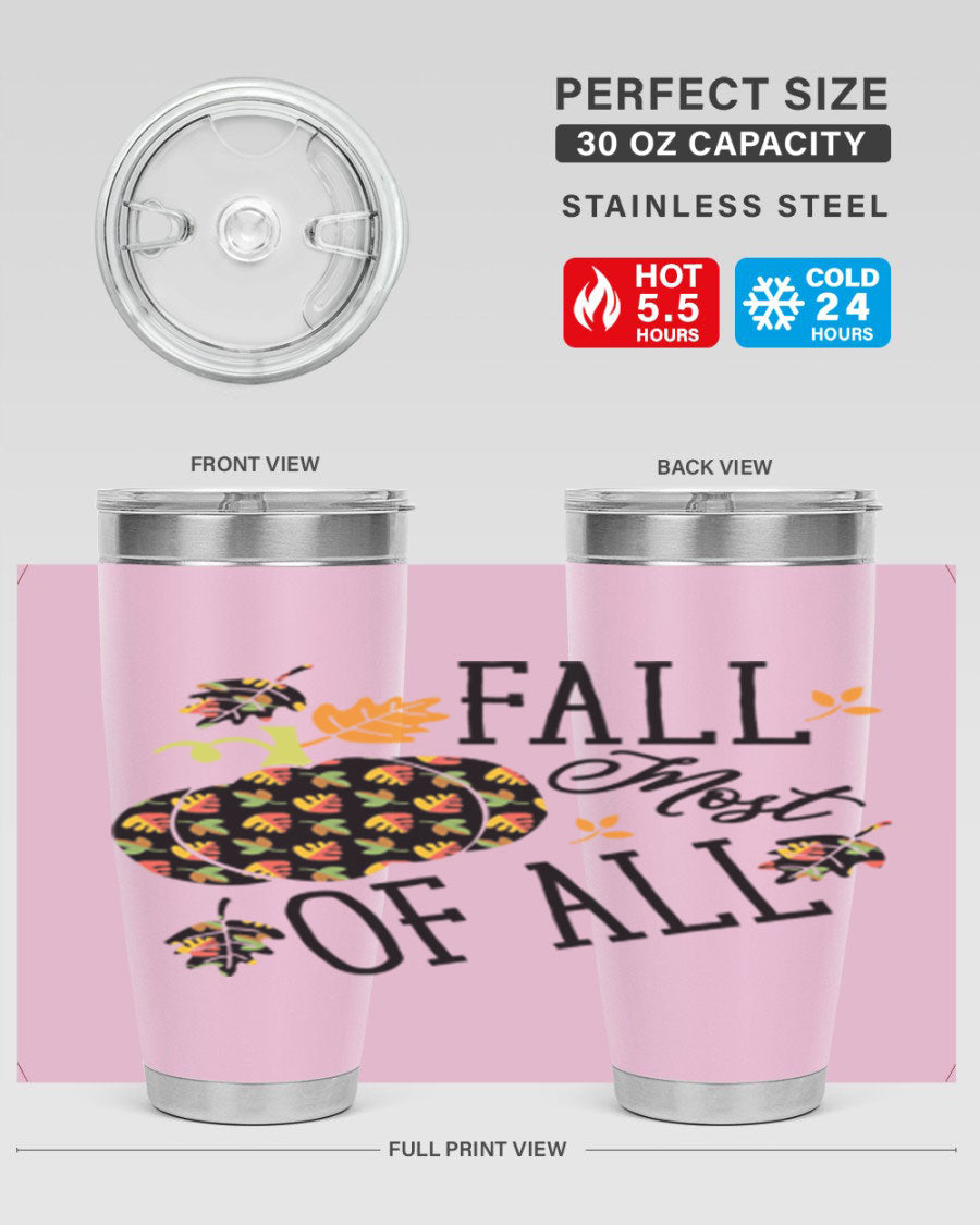 Fallmostofall 20oz tumbler made of stainless steel with a copper lining, featuring a press-in drink-thru lid, ideal for hot and cold beverages.