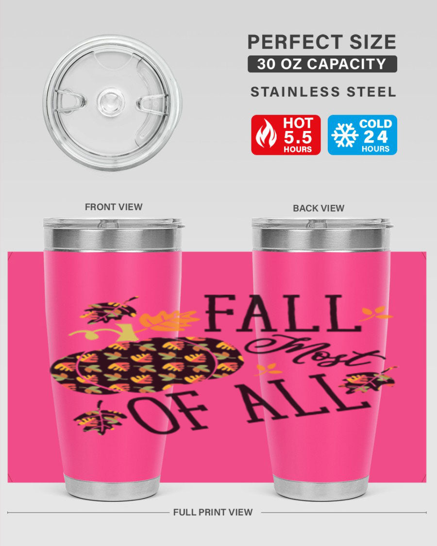 Fallmostofall 20oz tumbler made of stainless steel with a copper lining, featuring a press-in drink-thru lid, ideal for hot and cold beverages.