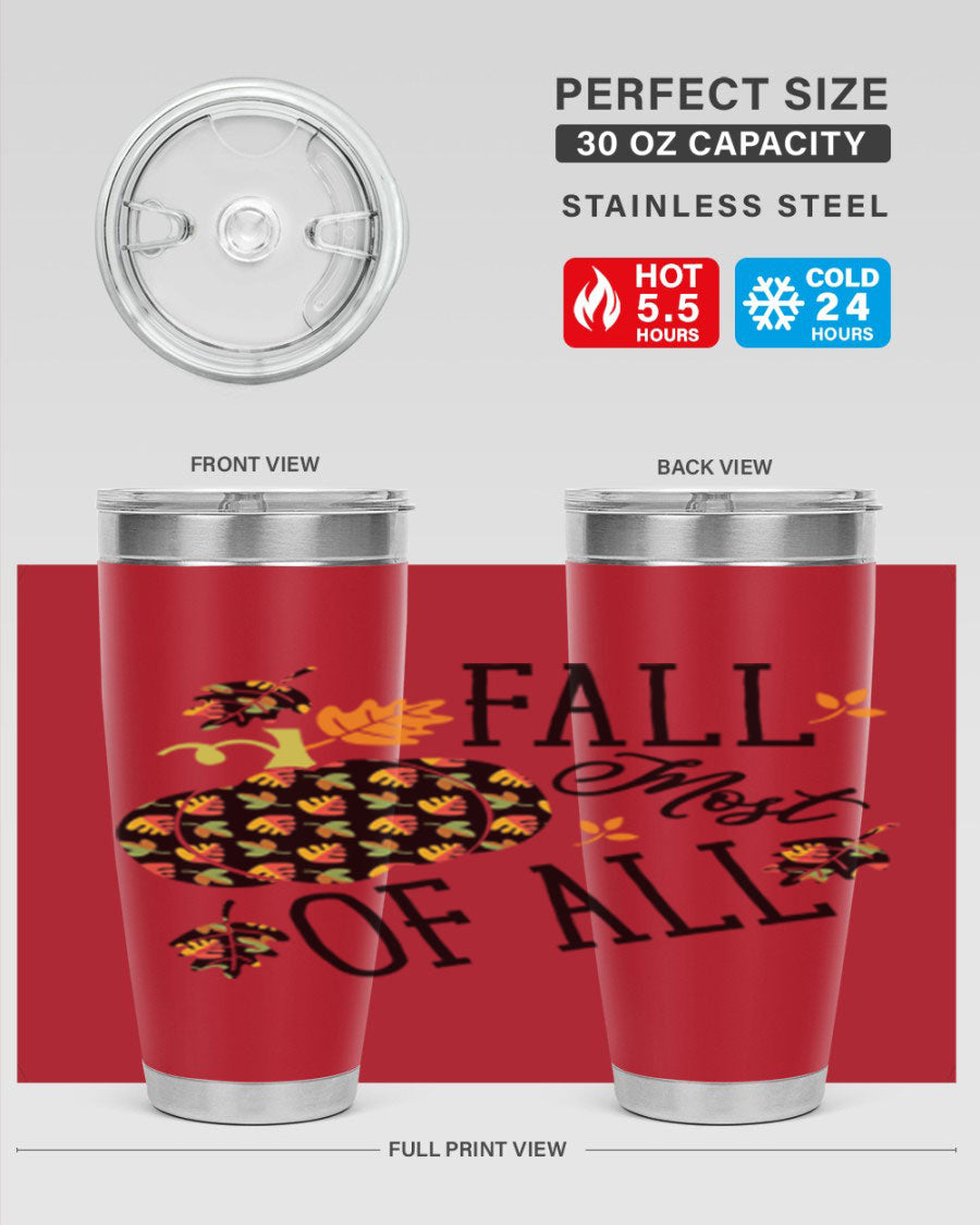 Fallmostofall 20oz tumbler made of stainless steel with a copper lining, featuring a press-in drink-thru lid, ideal for hot and cold beverages.