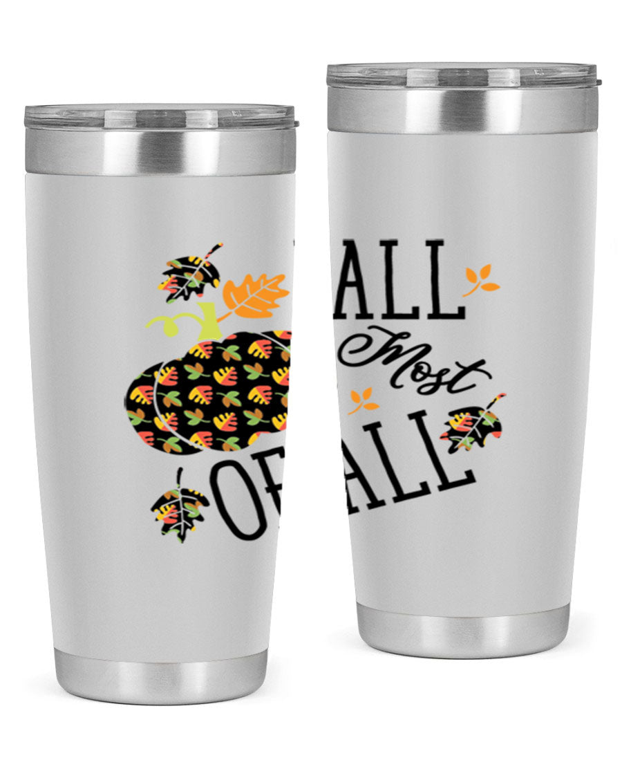 Fallmostofall 20oz tumbler made of stainless steel with a copper lining, featuring a press-in drink-thru lid, ideal for hot and cold beverages.
