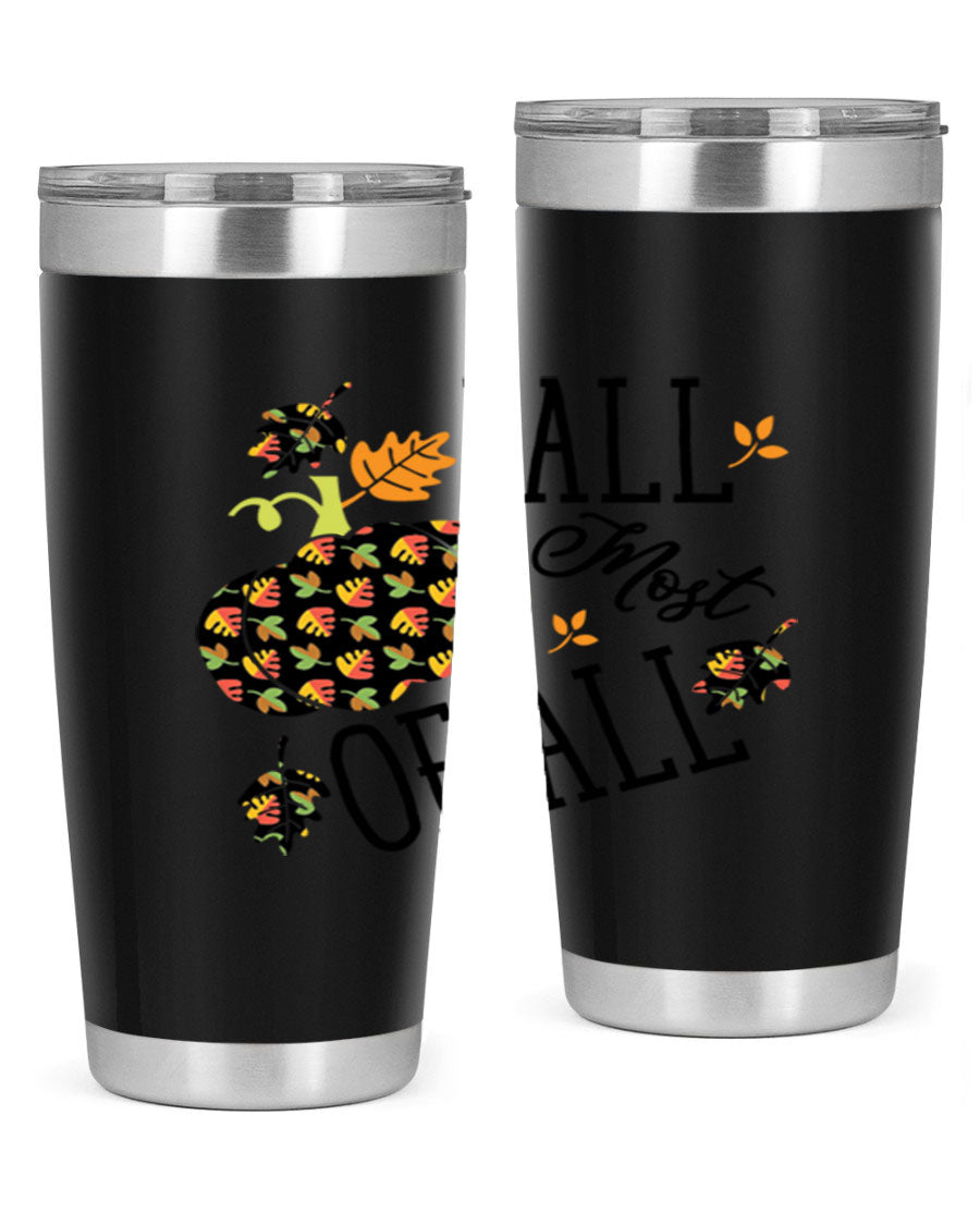 Fallmostofall 20oz tumbler made of stainless steel with a copper lining, featuring a press-in drink-thru lid, ideal for hot and cold beverages.