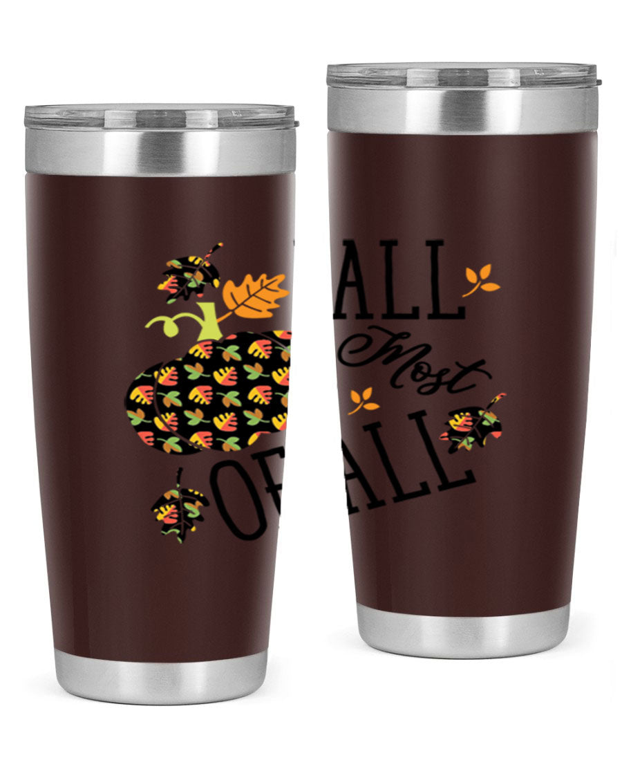 Fallmostofall 20oz tumbler made of stainless steel with a copper lining, featuring a press-in drink-thru lid, ideal for hot and cold beverages.