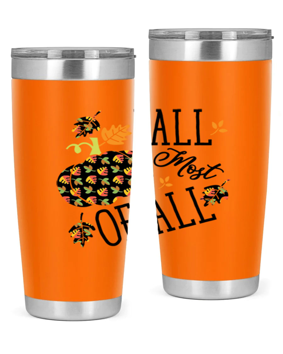 Fallmostofall 20oz tumbler made of stainless steel with a copper lining, featuring a press-in drink-thru lid, ideal for hot and cold beverages.
