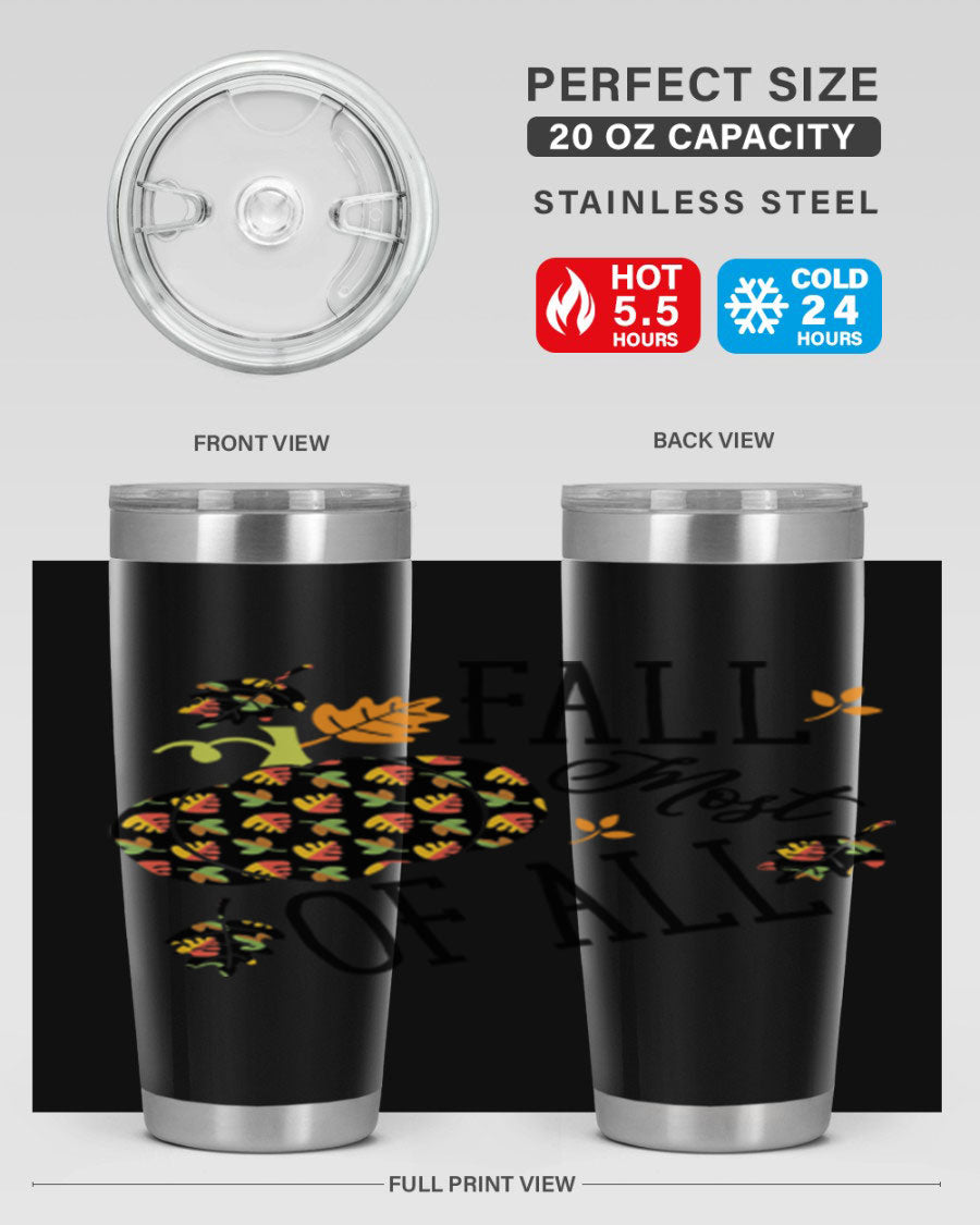 Fallmostofall 20oz tumbler made of stainless steel with a copper lining, featuring a press-in drink-thru lid, ideal for hot and cold beverages.