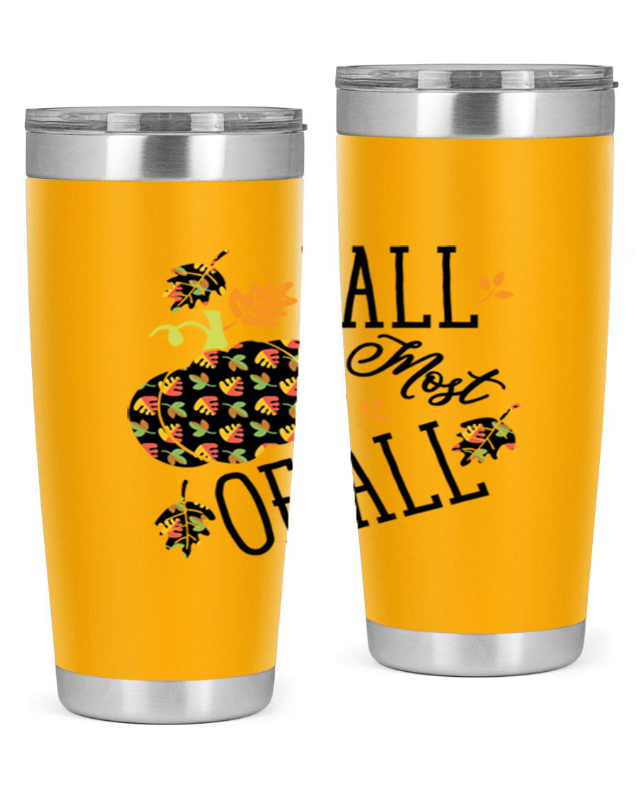 Fallmostofall 20oz tumbler made of stainless steel with a copper lining, featuring a press-in drink-thru lid, ideal for hot and cold beverages.