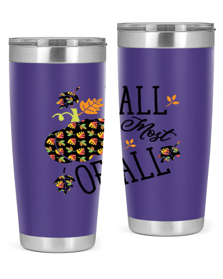 Fallmostofall 20oz tumbler made of stainless steel with a copper lining, featuring a press-in drink-thru lid, ideal for hot and cold beverages.