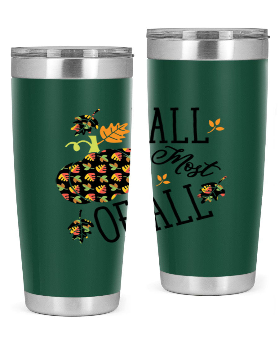 Fallmostofall 20oz tumbler made of stainless steel with a copper lining, featuring a press-in drink-thru lid, ideal for hot and cold beverages.