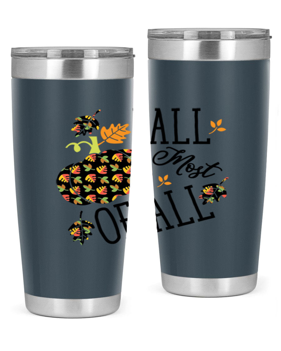 Fallmostofall 20oz tumbler made of stainless steel with a copper lining, featuring a press-in drink-thru lid, ideal for hot and cold beverages.