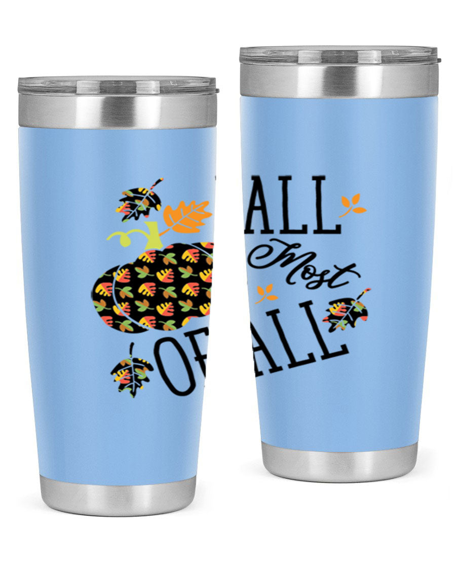 Fallmostofall 20oz tumbler made of stainless steel with a copper lining, featuring a press-in drink-thru lid, ideal for hot and cold beverages.