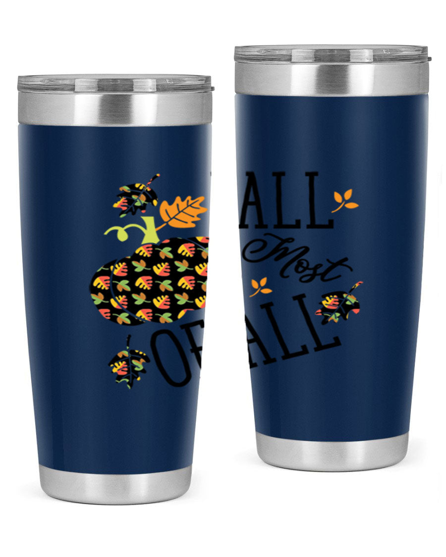 Fallmostofall 20oz tumbler made of stainless steel with a copper lining, featuring a press-in drink-thru lid, ideal for hot and cold beverages.