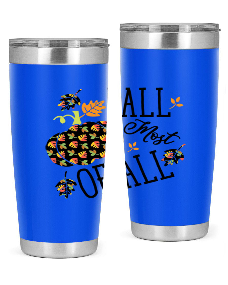 Fallmostofall 20oz tumbler made of stainless steel with a copper lining, featuring a press-in drink-thru lid, ideal for hot and cold beverages.