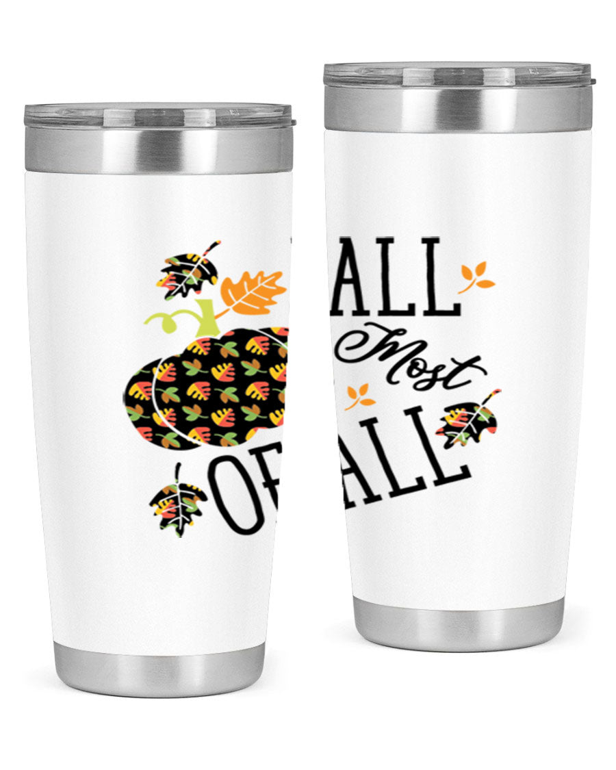 Fallmostofall 20oz tumbler made of stainless steel with a copper lining, featuring a press-in drink-thru lid, ideal for hot and cold beverages.