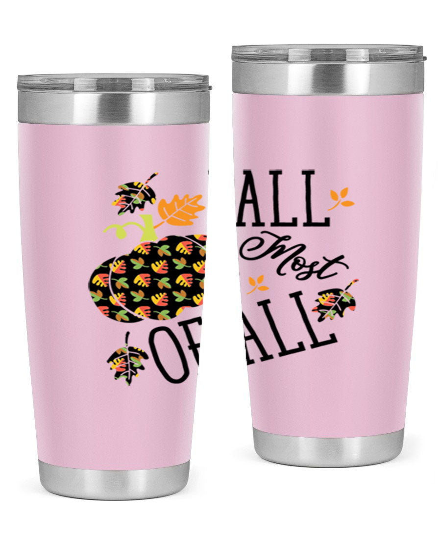 Fallmostofall 20oz tumbler made of stainless steel with a copper lining, featuring a press-in drink-thru lid, ideal for hot and cold beverages.