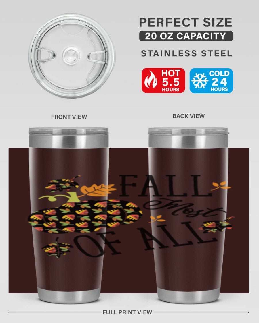 Fallmostofall 20oz tumbler made of stainless steel with a copper lining, featuring a press-in drink-thru lid, ideal for hot and cold beverages.