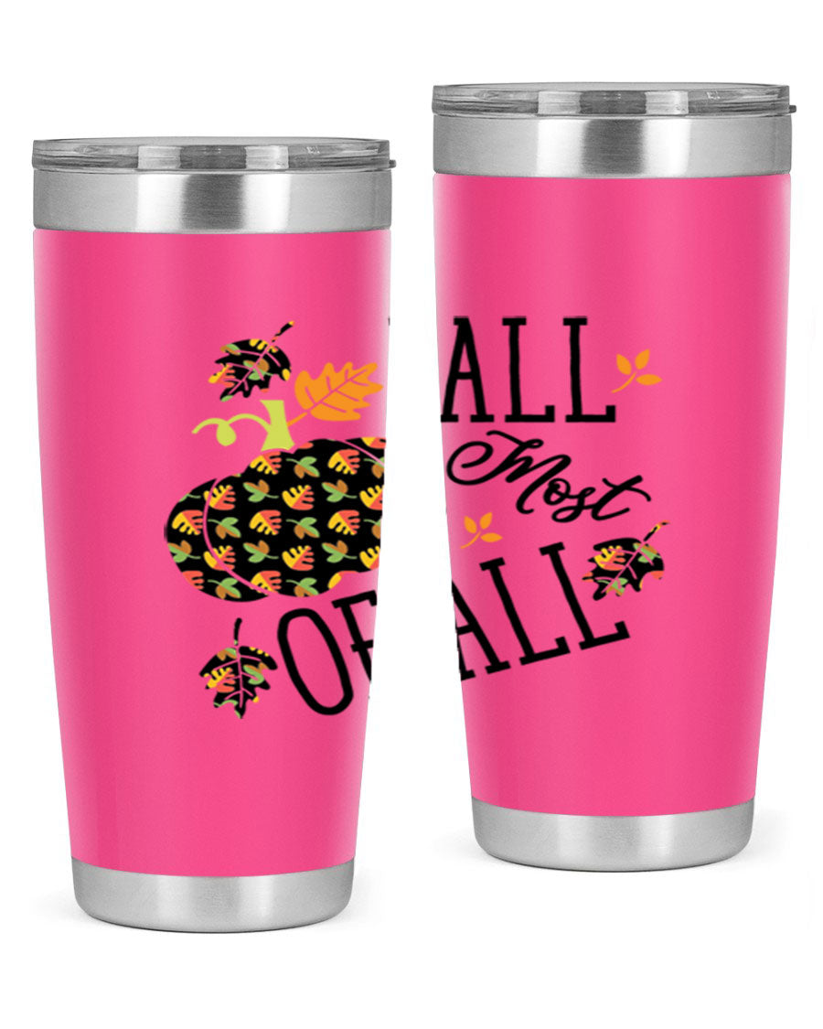 Fallmostofall 20oz tumbler made of stainless steel with a copper lining, featuring a press-in drink-thru lid, ideal for hot and cold beverages.
