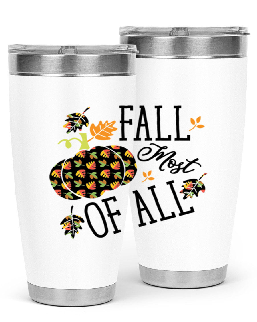 Fallmostofall 20oz tumbler made of stainless steel with a copper lining, featuring a press-in drink-thru lid, ideal for hot and cold beverages.