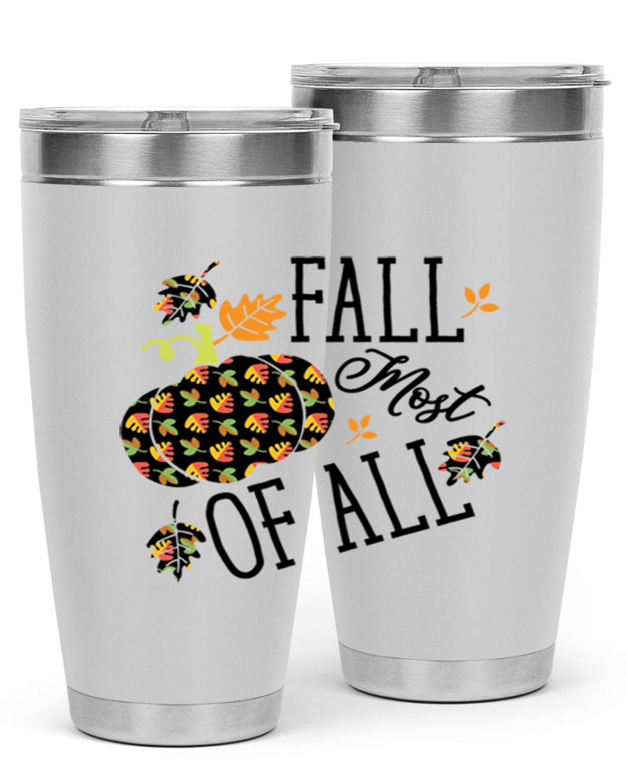 Fallmostofall 20oz tumbler made of stainless steel with a copper lining, featuring a press-in drink-thru lid, ideal for hot and cold beverages.