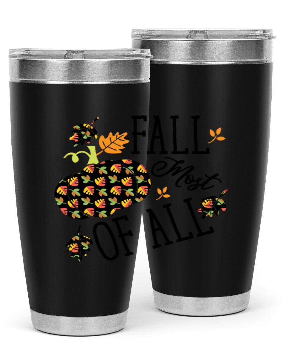 Fallmostofall 20oz tumbler made of stainless steel with a copper lining, featuring a press-in drink-thru lid, ideal for hot and cold beverages.