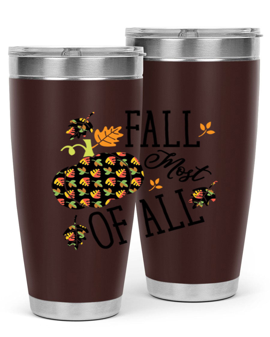 Fallmostofall 20oz tumbler made of stainless steel with a copper lining, featuring a press-in drink-thru lid, ideal for hot and cold beverages.