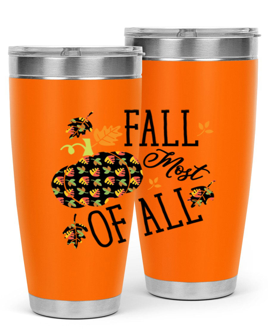 Fallmostofall 20oz tumbler made of stainless steel with a copper lining, featuring a press-in drink-thru lid, ideal for hot and cold beverages.
