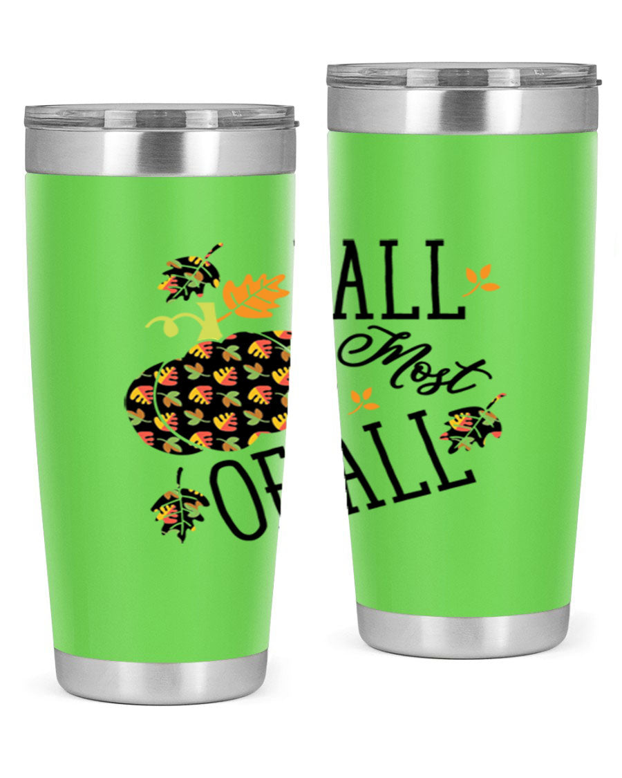 Fallmostofall 20oz tumbler made of stainless steel with a copper lining, featuring a press-in drink-thru lid, ideal for hot and cold beverages.