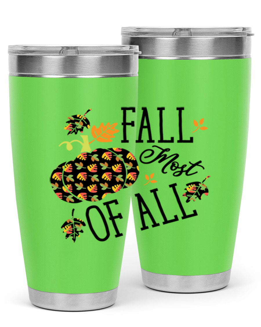 Fallmostofall 20oz tumbler made of stainless steel with a copper lining, featuring a press-in drink-thru lid, ideal for hot and cold beverages.