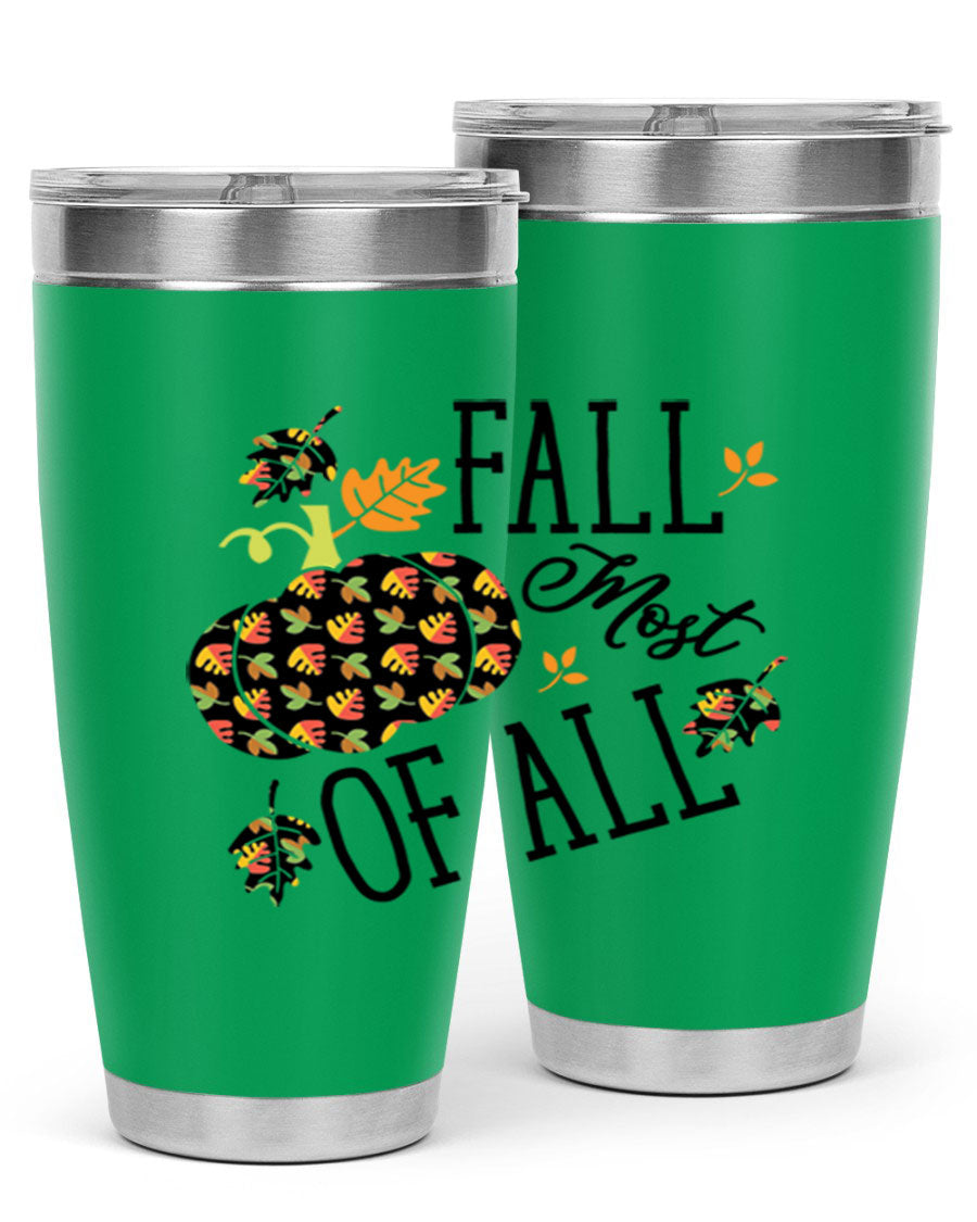 Fallmostofall 20oz tumbler made of stainless steel with a copper lining, featuring a press-in drink-thru lid, ideal for hot and cold beverages.