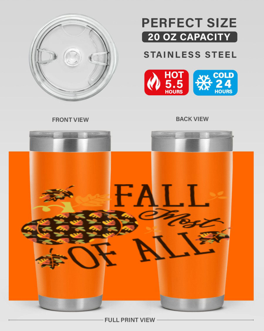 Fallmostofall 20oz tumbler made of stainless steel with a copper lining, featuring a press-in drink-thru lid, ideal for hot and cold beverages.