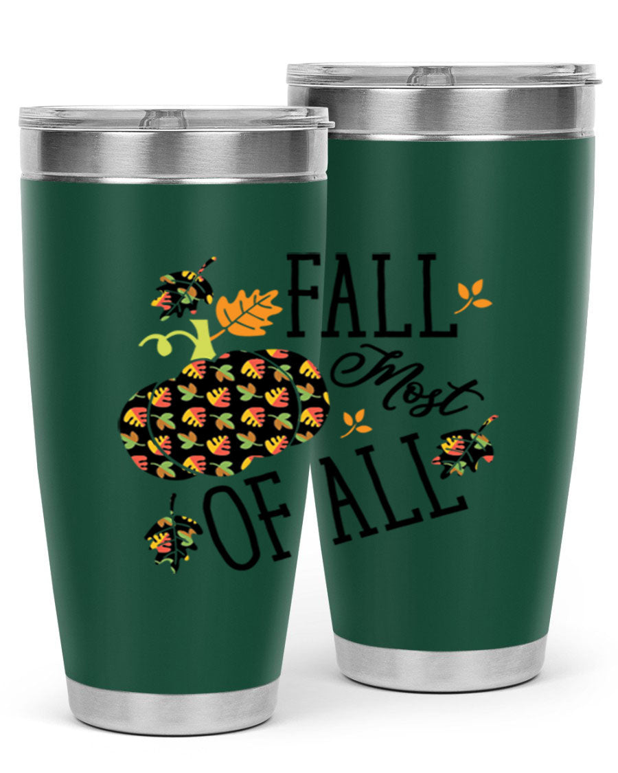 Fallmostofall 20oz tumbler made of stainless steel with a copper lining, featuring a press-in drink-thru lid, ideal for hot and cold beverages.